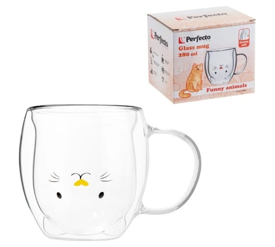 Изображение товара Кружка стеклянная PERFECTO LINEA серия Funny animals с двойными стенками, 280 мл 30-130002