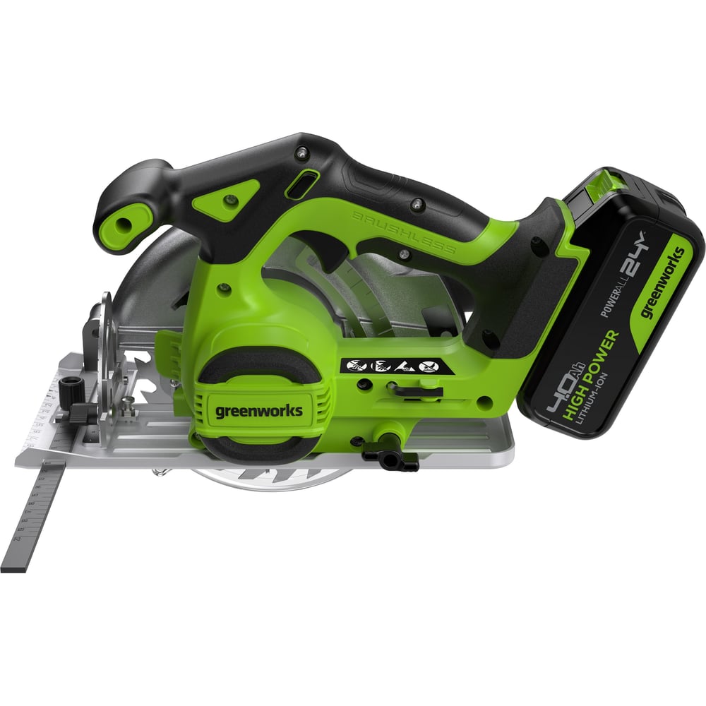 Изображение товара Дисковая пила GreenWorks GD24CS165, 24V, б/щет, диск 165х20мм, 4800об/мин, рез 57мм, 1x4Ач, ЗУ, коробка 1501607VUB