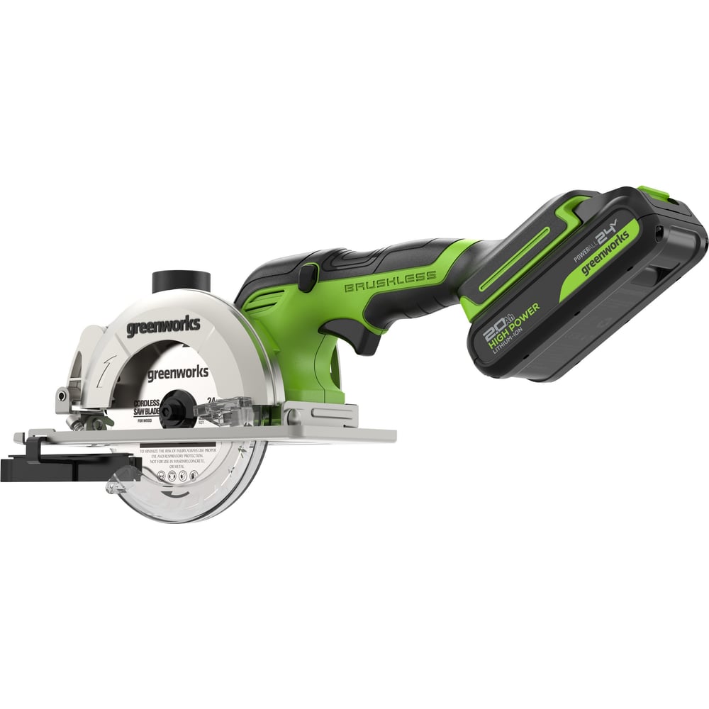 Изображение товара Дисковая мини пила GreenWorks G24MCS, 24V, б/щет, диск 120x9.5мм, 6500об/мин, рез 39мм, 1x2Ач, ЗУ, коробка 1501207VUA