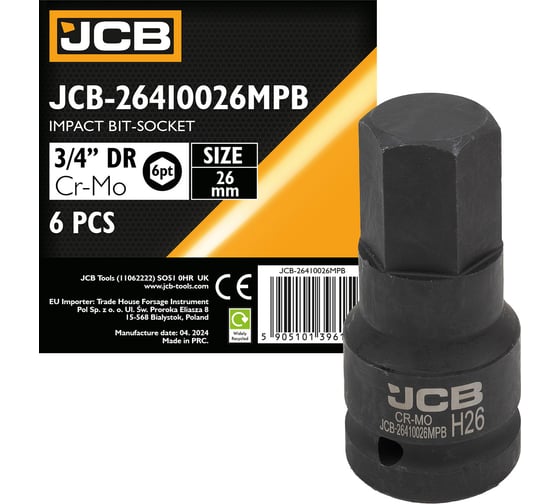 Изображение товара Головка-бита ударная 6-гранная JCB 26 мм, 3/4DR JCB-26410026MPB(59520)