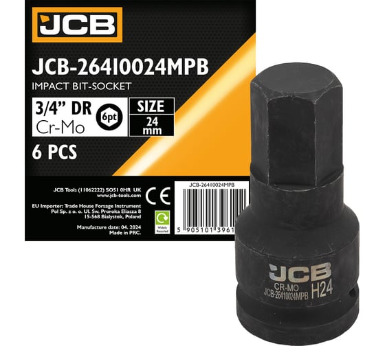 Изображение товара Головка-бита ударная 6-гранная JCB 24 мм, 3/4DR JCB-26410024MPB(59519)