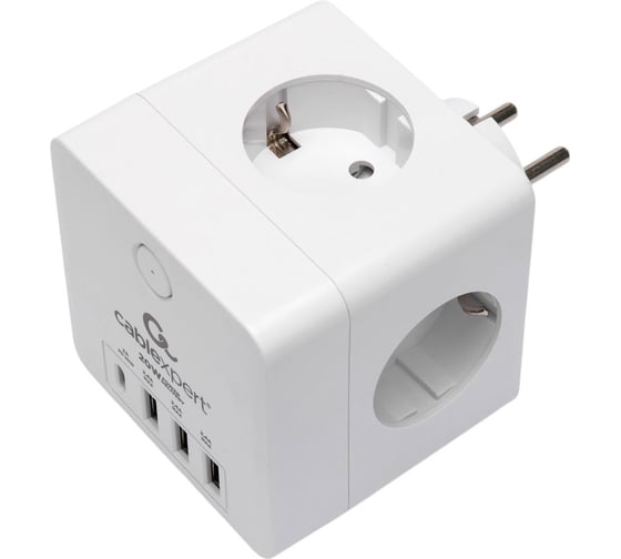 Изображение товара Сетевой фильтр Cablexpert Cube 4р, 16А, 1xType-C PD, 3хUSB, ур.защиты 2+, белый, коробка, CUBE-4-СU3-W
