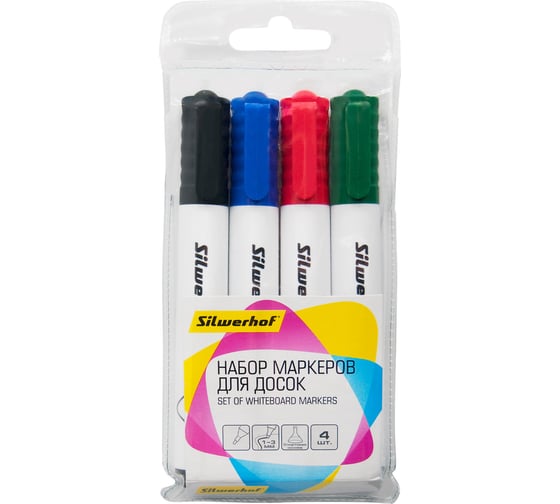 Изображение товара Набор маркеров для досок Silwerhof PRIME пулевидный пишущий наконечник 1-3 мм, 4 цвета, пакет с европодвесом 480014