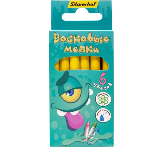 Изображение товара Восковые мелки Silwerhof Монстрики круглые 6 цветов, длина 89 мм, диметр 8 мм, картонная коробка с европодвесом 1830301