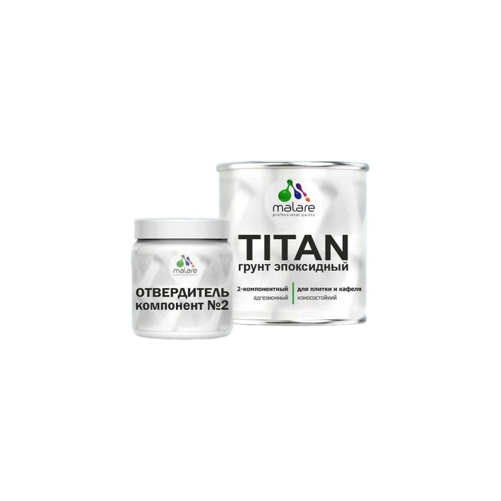 Изображение товара Эпоксидный грунт MALARE 2К TITAN для кафельной и керамической плитки, двухкомпонентный адгезионный, высокопрочный износостойкий, прозрачный 10кг + 600гр отвердитель 4660504743788
