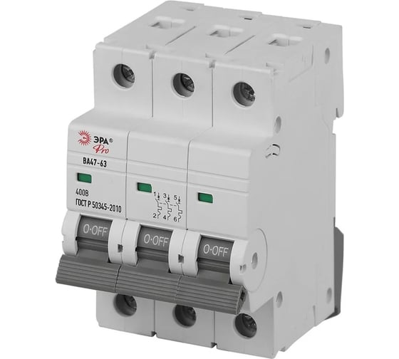 Изображение товара Автоматический выключатель ЭРА PRO VA633P06D6 ВА4763 3P 6А кривая D 6кА Б0063225