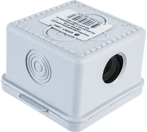 Изображение товара Распаечная коробка УРАЛ ПАК открытой проводки 65х65х50мм с гермовводами, 4 входа, индивидуальный штрих-код, IP54 КО-51017065-150-i