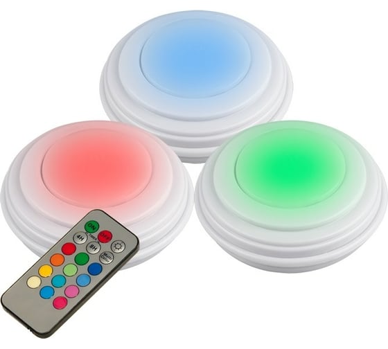 Изображение товара Набор светодиодных светильников Jazzway TS5-RGBx3 3SMD + 3RGB 6700-7000К 60лм пушлайт 3шт + с пультом ДУ 2 градации яркости 12 режимов RGB таймер 3хAAA (не входят в комплект) 5031630