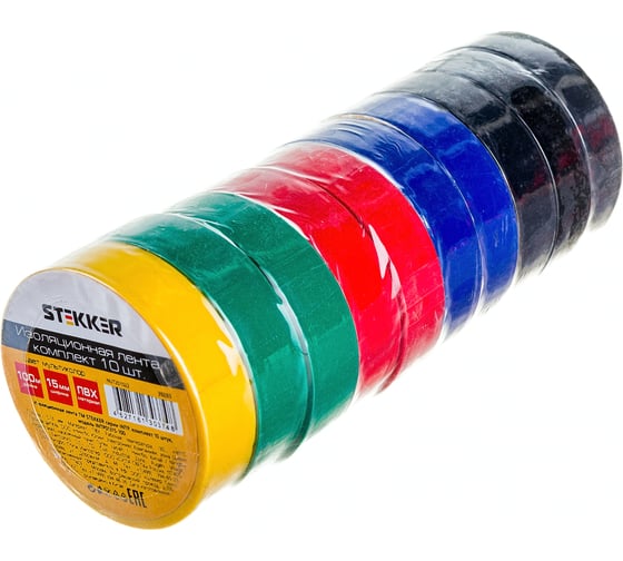 Изображение товара Изоляционная лента STEKKER 0,13x15 мм, 100 м, комплект 10 штук, мультиколор INTP01315-100 39289