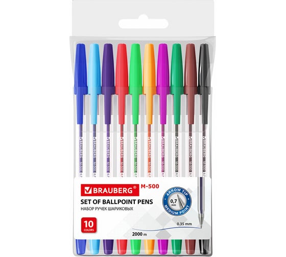 Изображение товара Шариковые ручки BRAUBERG M-500, набор 10 шт, ассорти, узел 0.7 мм, линия 0.35 мм 143455