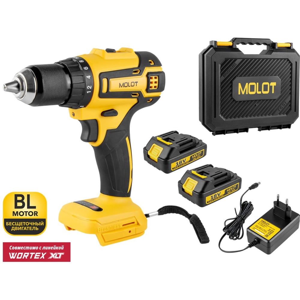 Изображение товара Аккумуляторная дрель-шуруповерт MOLOT MBD 1820 Li 2 аккумулятора в кейсе