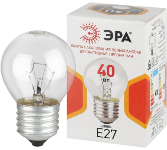 Изображение товара Лампочка ЭРА P45 40Вт Е27 / E27 230В шар прозрачный (КНР) Б0066568