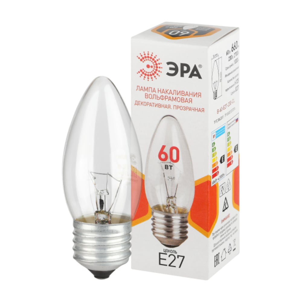 Изображение товара Лампочка ЭРА B36 60Вт Е27 прозрачная свечка для общего освещения