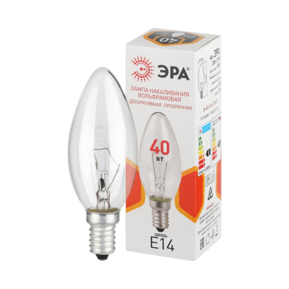 Изображение товара Лампочка ЭРА B36 40Вт Е14 / E14 230В свечка прозрачная (КНР) Б0066509