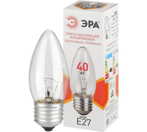 Изображение товара Лампочка ЭРА B36 40Вт Е27 / E27 230В свечка прозрачная (КНР) Б0066505