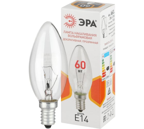 Изображение товара Лампочка ЭРА B36 60Вт Е14 / E14 230В свечка прозрачная (КНР) Б0066551