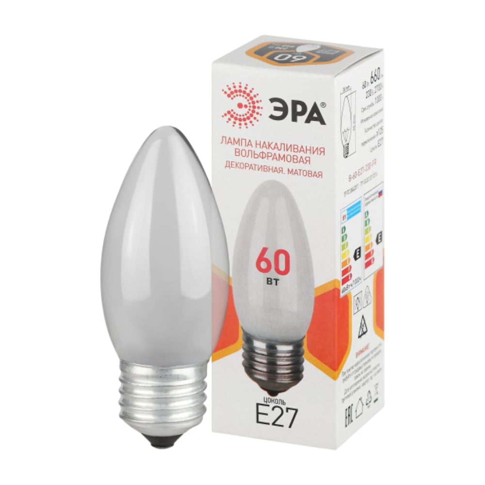 Изображение товара Лампочка ЭРА B36 60Вт Е27 / E27 230В свечка матовая (КНР) Б0066409