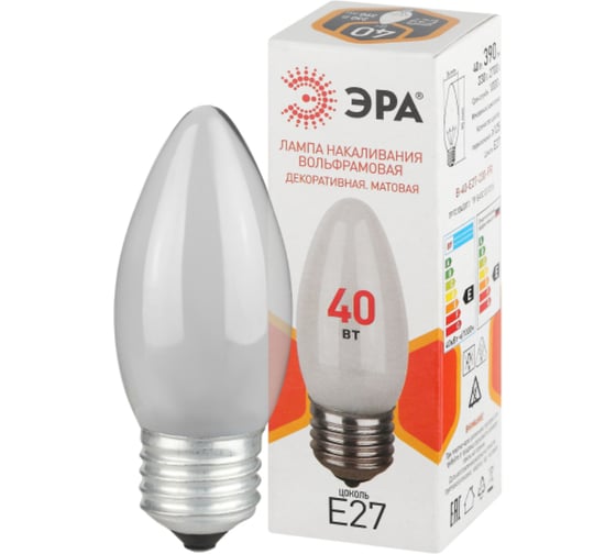 Изображение товара Лампочка ЭРА B36 40Вт Е27 / E27 230В свечка матовая (КНР) Б0066400