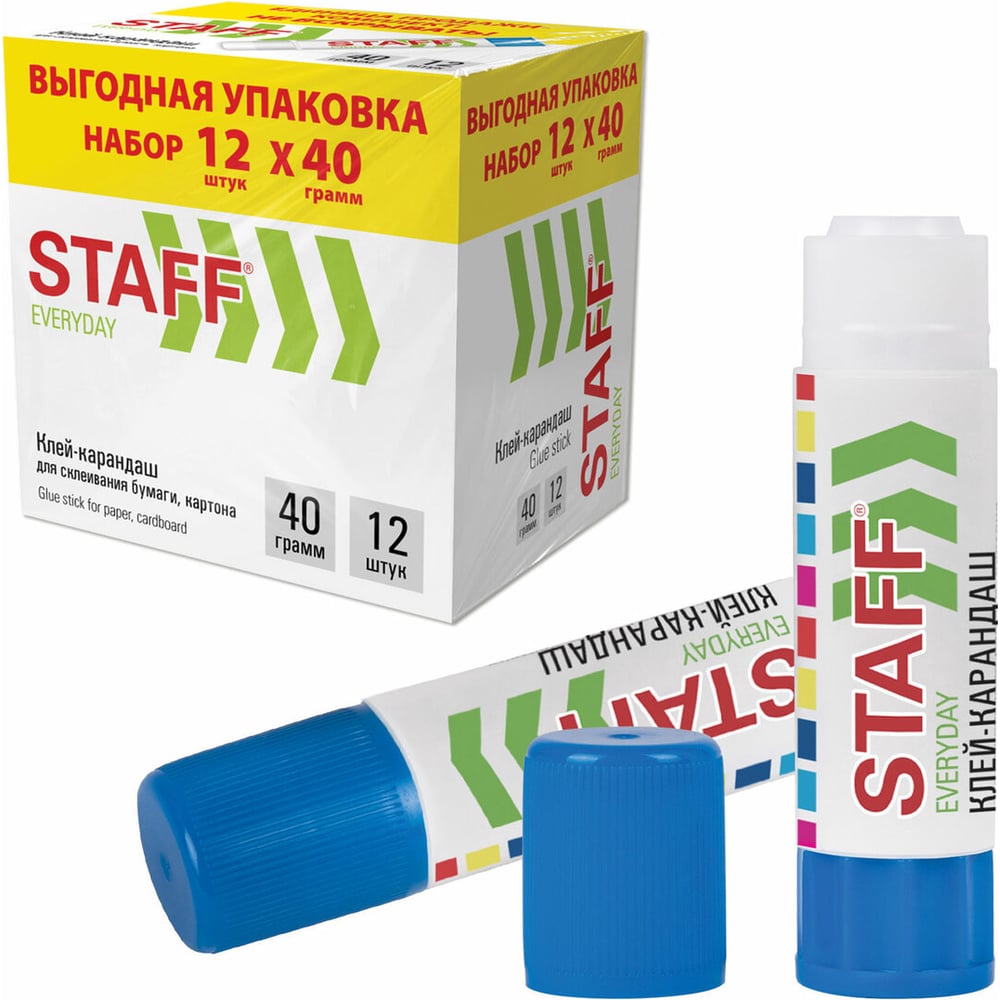 Изображение товара Клей-карандаш Staff 40 г комплект 12 шт. выгодная упаковка для творчества и учебы