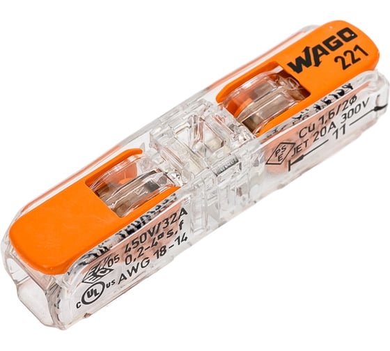 Изображение товара Клемма соединитель для сращивания WAGO 221-2411 2-х сторонний, с рычагом, 1.5-4.0мм, 60 штук/упаковка WAGO.221-2411