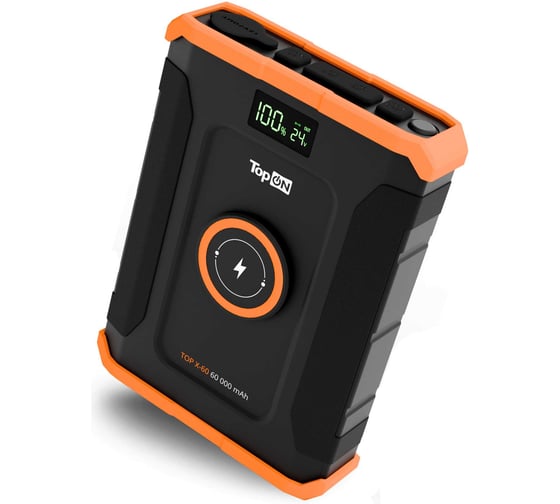 Изображение товара Внешний аккумулятор TopON 60000mAh DC 90W, 2 Type-C PD 60W и 30W, USB QC3.0 18W, Qi 15W, авторозетка 120W, фонарь, защита от брызг, LiFePO4 TOP-X60