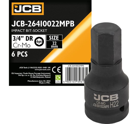 Изображение товара Головка-бита ударная 6-гранная JCB 22мм, 3/4DR JCB-26410022MPB(59518)