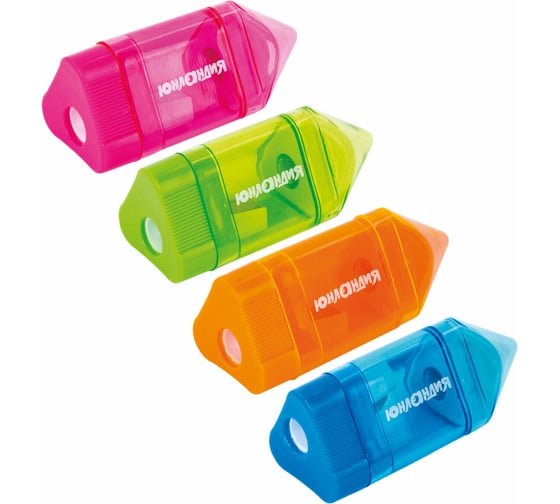 Изображение товара Точилка ЮНЛАНДИЯ Карандашик с контейнером и ластиком 2 в 1, набор 4 шт., 272508