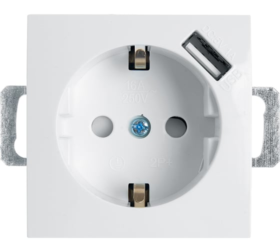 Изображение товара 1-местная розетка STEKKER с заземлением, механизм, 250В, 16А, с USB 1А, серия Эрна, белый 39318