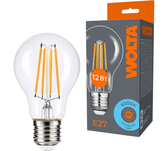Изображение товара Светодиодная лампа Wolta FILAMENT мощностью 12Вт, холодный белый свет 6500K, цоколь Е27 WF-A60-12W6KE27