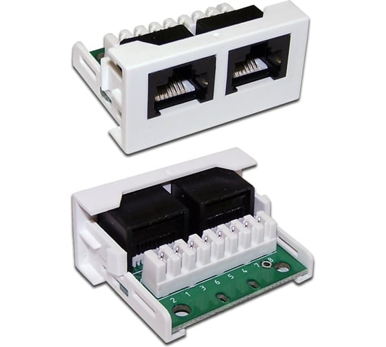 Изображение товара Вставка LANMASTER Mosaic 22.5x45, Y-адаптер, 2 компьютерных порта, белая LAN-WA-LP-E2-E2-WH