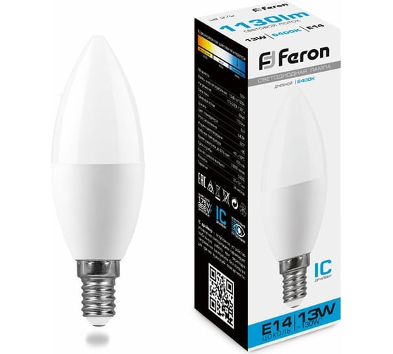 Изображение товара Светодиодная лампа FERON LB-970, 13W, 230V E14 6400K свеча 38109