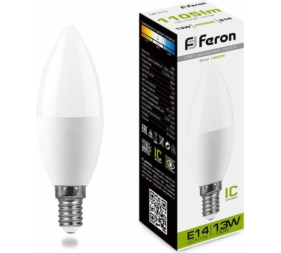 Изображение товара Светодиодная лампа FERON LB-970, 13W, 230V E14 4000K свеча 38108