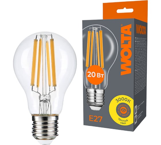 Изображение товара Светодиодная лампа Wolta FILAMENT мощностью 20Вт, с цветовой температурой теплый желтый 3000K с цоколем Е27 WF-A60-20W3KE27