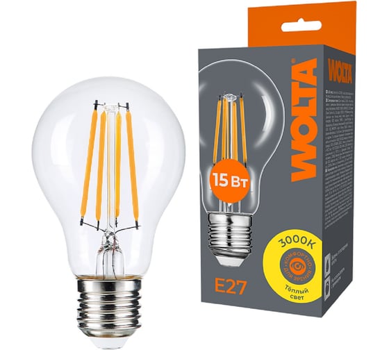 Изображение товара Светодиодная лампа Wolta FILAMENT мощность 15Вт, эквивалент 120вт лампе накаливания, цветовая температура теплый желтоватый свет, 3000K, цоколь Е27 WF-A60-15W3KE27