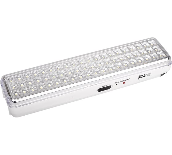 Изображение товара Фонарь-светильник Jazzway Jаzzway аккумуляторный Accu9-L60-wh аварийный 60SMD яркий 300лм 2ч/эконом 90лм 6ч 220В аккумуляторный Li-ion 3.7В 2.4А.ч белый 5024540