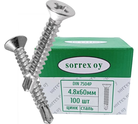 Изображение товара Саморез по металлу с потайной головкой SORREX 4,8x60 DIN 7504P оцинкованный со сверловым наконечником (100 штук) 7504P-1-048-060-100