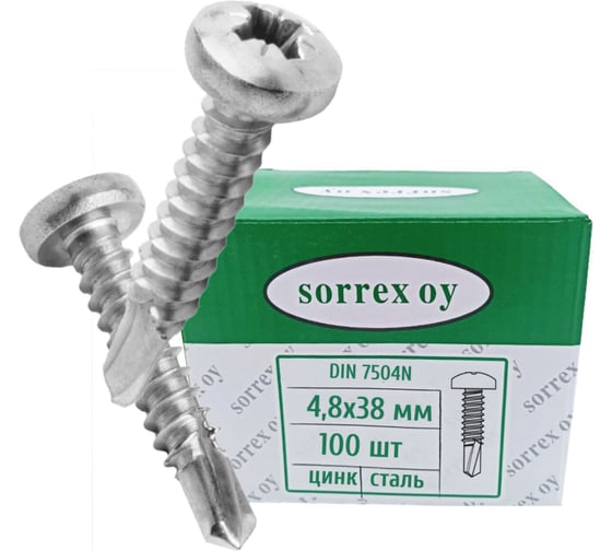 Изображение товара Саморез SORREX DIN7504N оцинкованный с полукруглой головкой и сверловым наконечником M4.8x38 100 штук 7504N-1-048-038-100