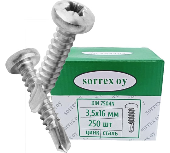 Изображение товара Саморез по металлу SORREX по металлу с полукруглой головкой 3,5x16 DIN 7504N оцинкованный со сверловым наконечником 250 штук 7504N-1-035-016-250