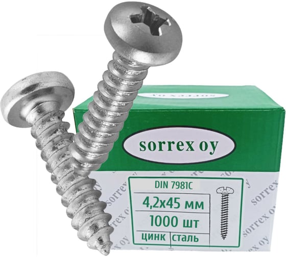 Изображение товара Саморез по металлу SORREX по металлу с полукруглой головкой 4,2x45 DIN 7981С оцинкованный с острым наконечником 1000 штук 7981С-1-042-045