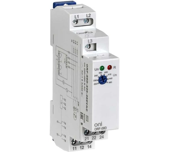 Изображение товара Реле контроля фаз ONI ORF-08D 3 фазы, 2 контакта, 220-460В AC ORF-08D-220-460VAC