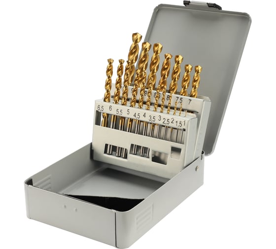 Изображение товара Набор сверл по металлу H-Tools 1-10 мм, 19 шт, DIN338, HSSE-Co8 TiN, 135град 08351100