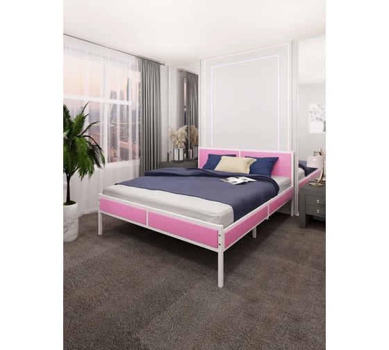 Изображение товара Кровать двуспальная Solarius Лофт с реечным основанием, цвет розовый с белым металлическим каркасом, 180x200 см kr180loft-roz-white