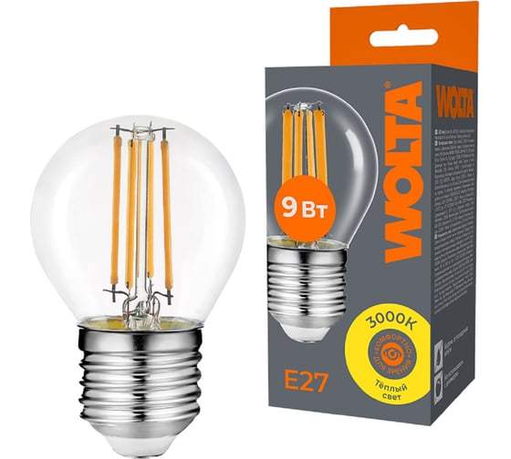 Изображение товара Светодиодная лампа Wolta FILAMENT мощностью 9Вт, теплый желтоватый свет 3000K, цоколь Е27 WF-G45-9W3KE27