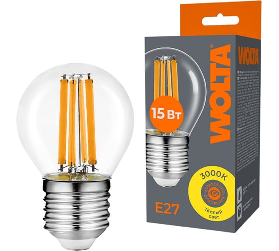 Изображение товара Светодиодная лампа Wolta шар FILAMENT мощностью 15Вт желтоватый теплый свет 3000K, цоколь Е27 WF-G45-15W3KE27
