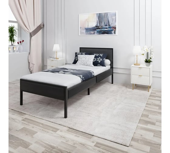 Изображение товара Односпальная кровать Solarius Лофт с ортопедическим основанием, цвет черного оникса с черным металлическим каркасом, 80x200 см kr80loft-onix-black-orto