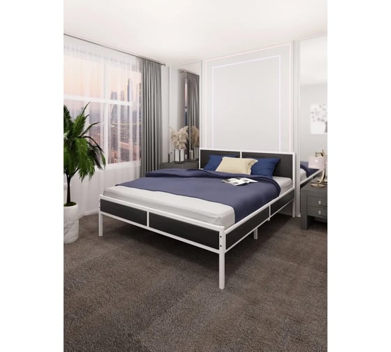 Изображение товара Двуспальная кровать Solarius Лофт с реечным основанием, цвет черного оникса с белым металлическим каркасом, 140x200 см kr140loft-onix-white