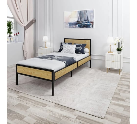 Изображение товара Односпальная кровать Solarius Лофт с ортопедическим основанием, без покраски с черным металлическим каркасом, 90x200 см kr90loft-black-orto