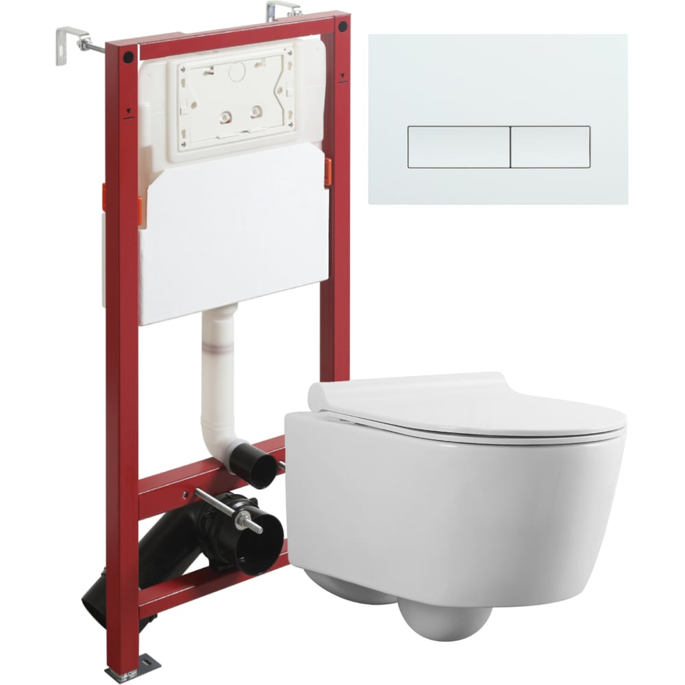 Изображение товара Унитаз подвесной безободковый Agger белый, с инсталляцией, микролифт, кнопка смыва белая ATI05100+APB288