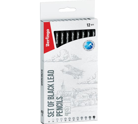 Изображение товара Набор чернографитных карандашей BERLINGO 12 шт, 3H-3B, заточенные, картонная упаковка BS01212