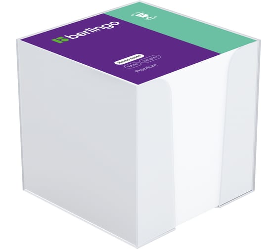 Изображение товара Блок для записи BERLINGO Premium 9х9х9 см, пластиковый бокс, белый, 100% белизна ZP8608